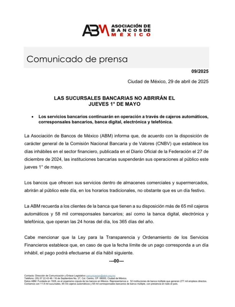 Bancos cerrarán este 1 de mayo en México por Día del Trabajo: