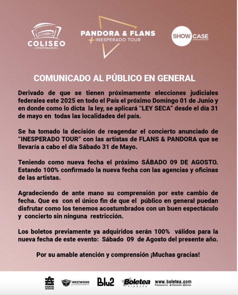 Pandora y Flans posponen show en Torreón: Nueva fecha confirmada