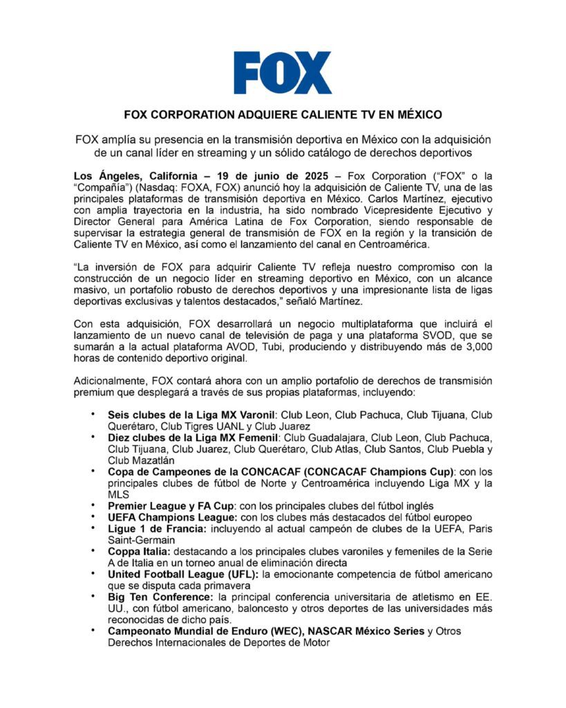 FOX confirma adquisición de Caliente TV en México