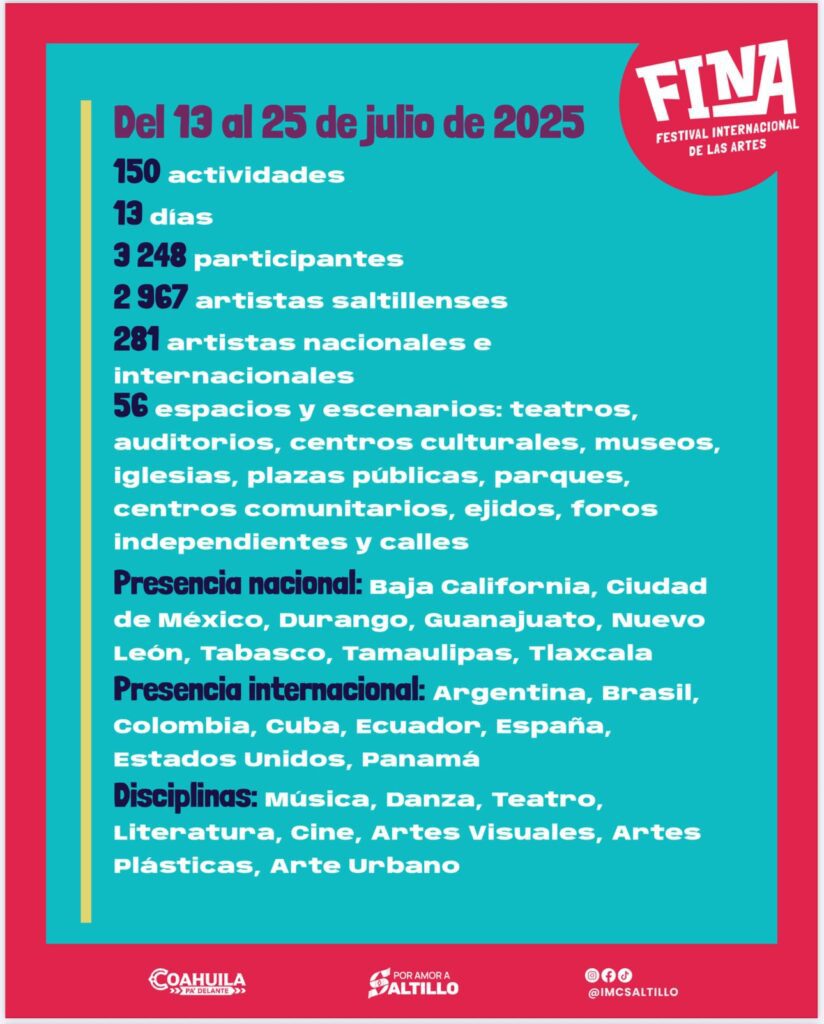 Festival FINA 2025: Saltillo celebrará 12 días de arte, música y tradición
