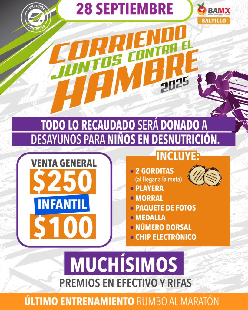 Rutas, horarios y premios de la carrera “Corriendo Juntos Contra el Hambre” en Saltillo