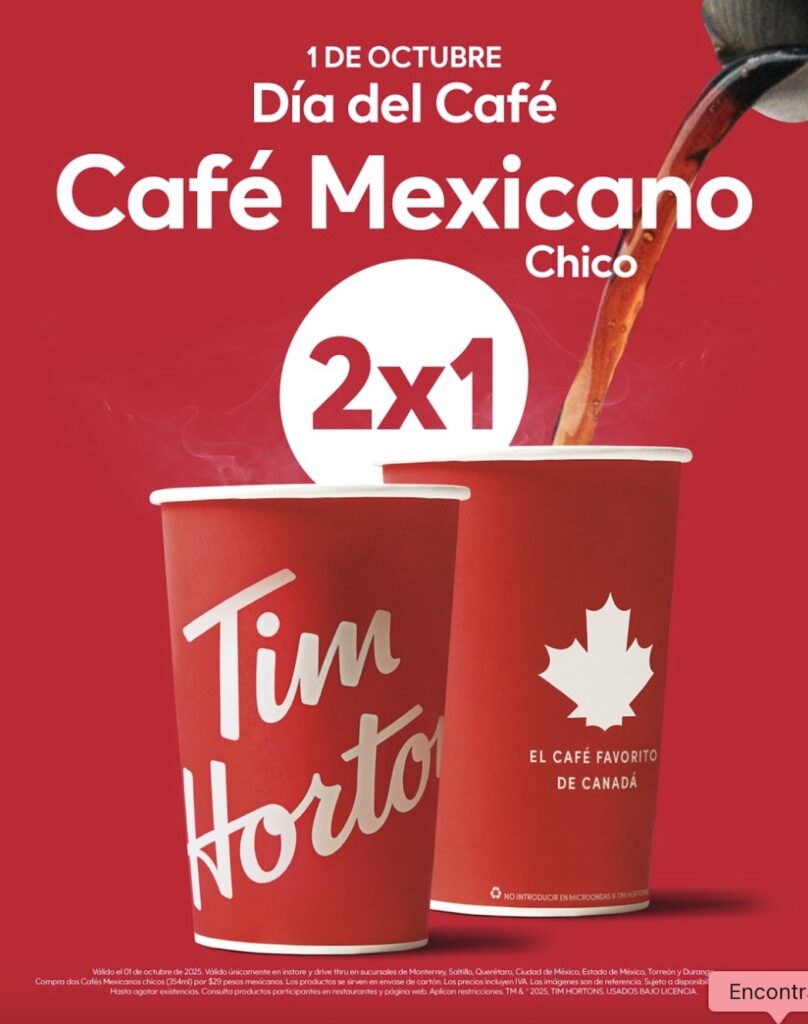 2x1 en café chico de Tim Hortons este 1 de octubre: Aquí la información