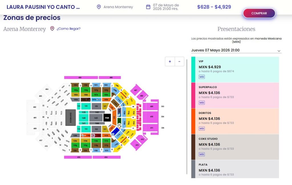 Algunos de los precios de Laura Pausini en la Arena Monterrey
