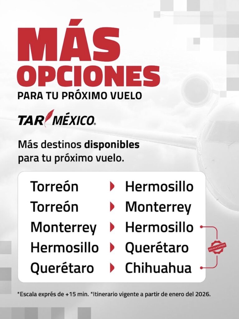 Nueva ruta aérea de TAR conecta a Torreón con Monterrey