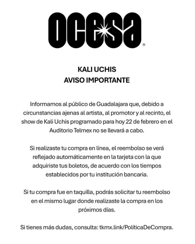 ¿Qué eventos están suspendidos en Guadalajara? Cancelan concierto de Kali Uchis