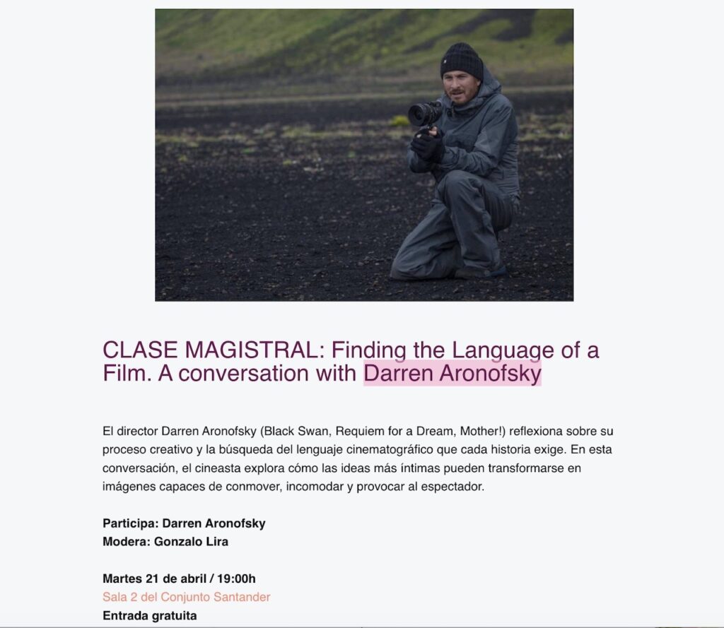 Conoce todos los detalles de la Clase Magistral de Darren Aronofsky