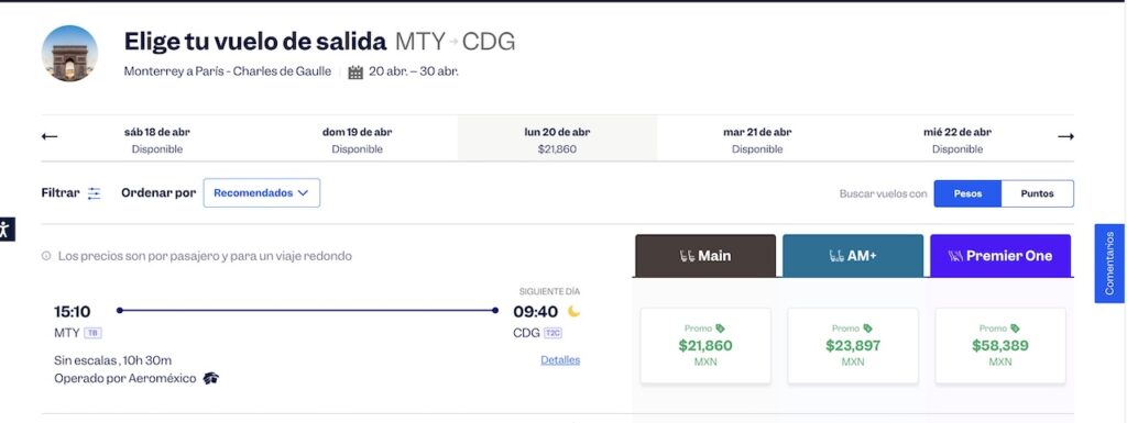 ¿Cuánto cuesta volar de Monterrey a París con Aeroméxico?