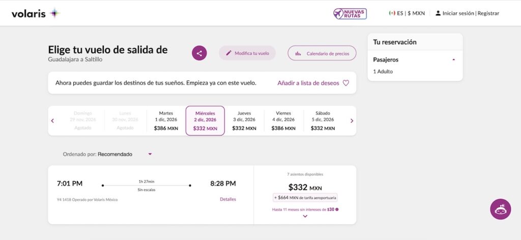 ¿Cuánto cuesta volar de Saltillo a Guadalajara con Volaris? Esto dice la web. Foto: Volaris.com