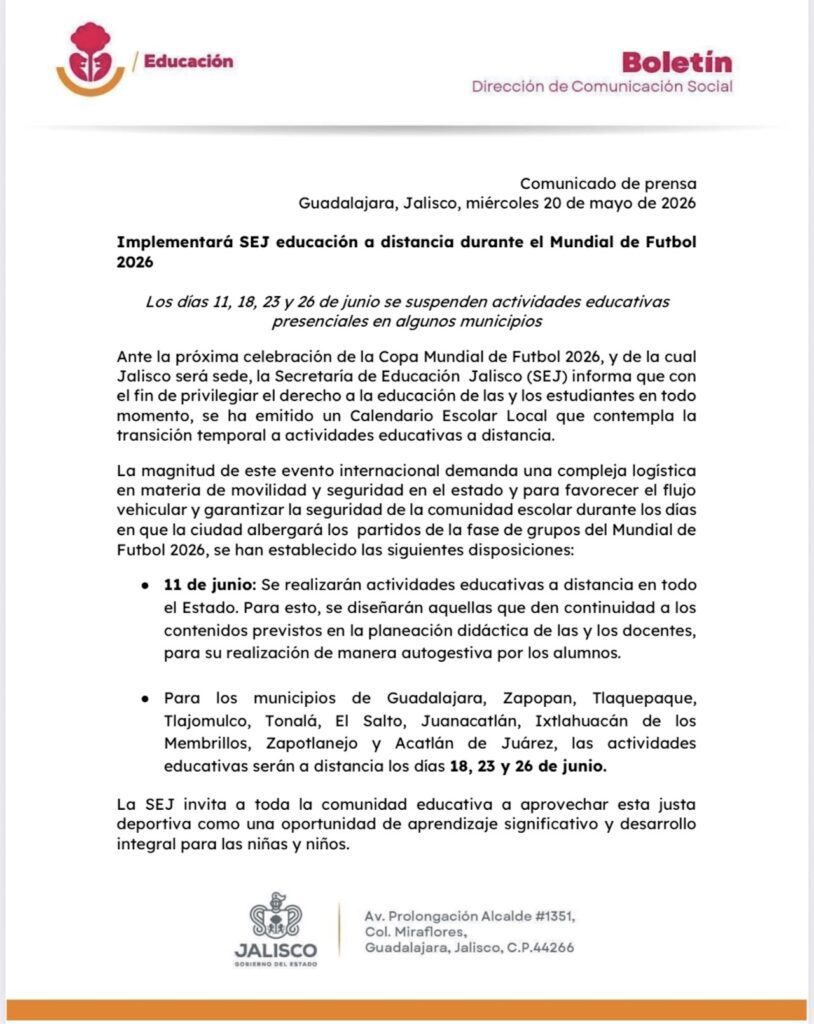 Mundial 2026 en Guadalajara: Estos días habrá clases virtuales en Jalisco