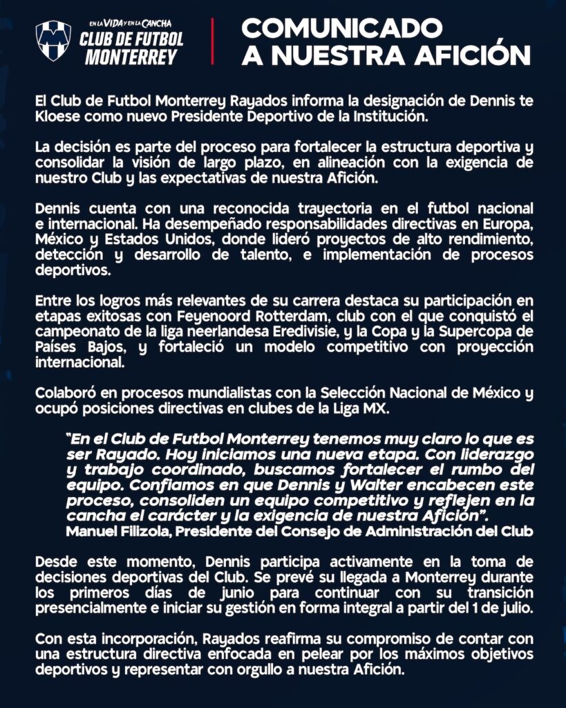 Confirman que Dennis te Kloese será nuevo presidente Deportivo de Monterrey