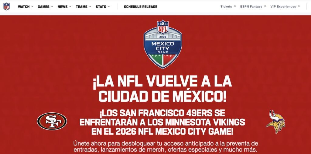 Regresa la NFL a México: 49ers vs Vikings en Sunday Night Football 2026