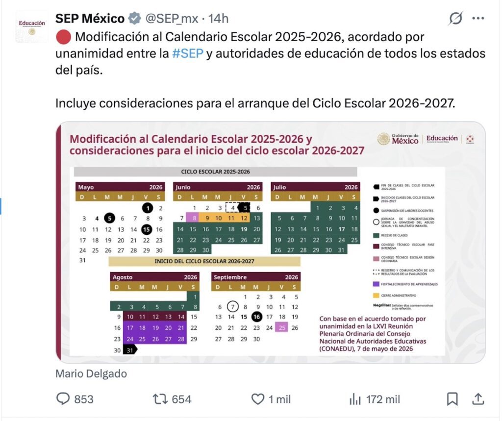 SEP publicó este calendario el jueves 7 de mayo, pero hoy viernes 8, Sheinbaum dijo que no es oficial