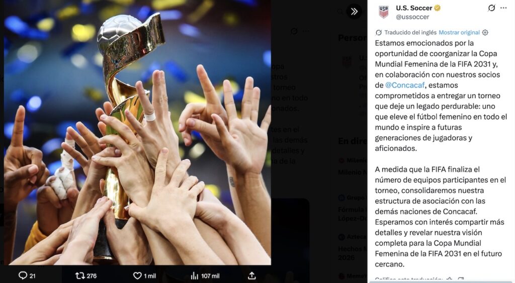 EU será anfitrión del Mundial 2031 Femenil; México se perfila para compañarlo