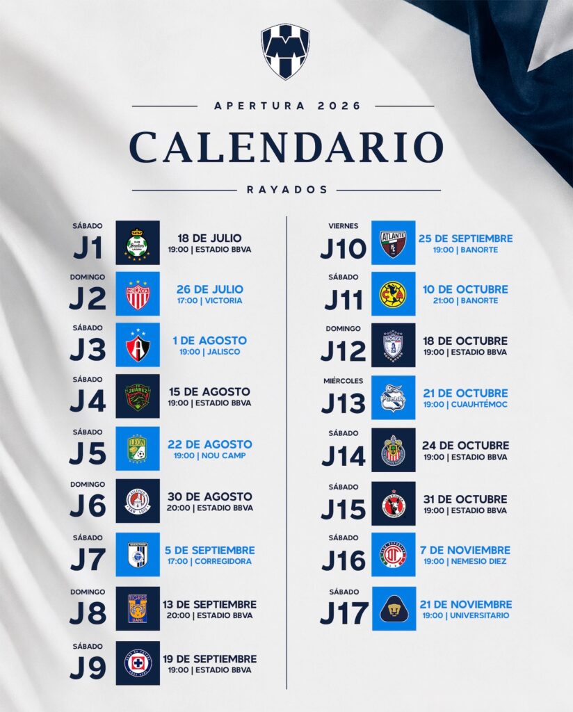Rayados de Monterrey Apertura 2026: Calendario oficial de la Liga MX