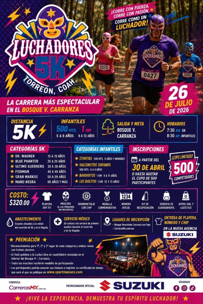 Conoce todos los detalles de la carrera Luchadores 5K en Torreón. Foto: Carrera Luchadores 5K en Facebook