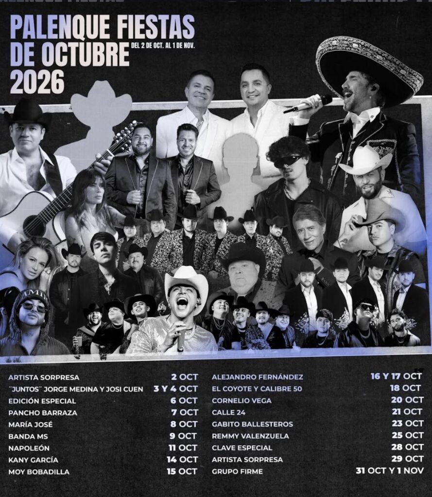 Consulta la lista completa de artistas que estarán en el Palenque de las Fiestas de Octubre 2026