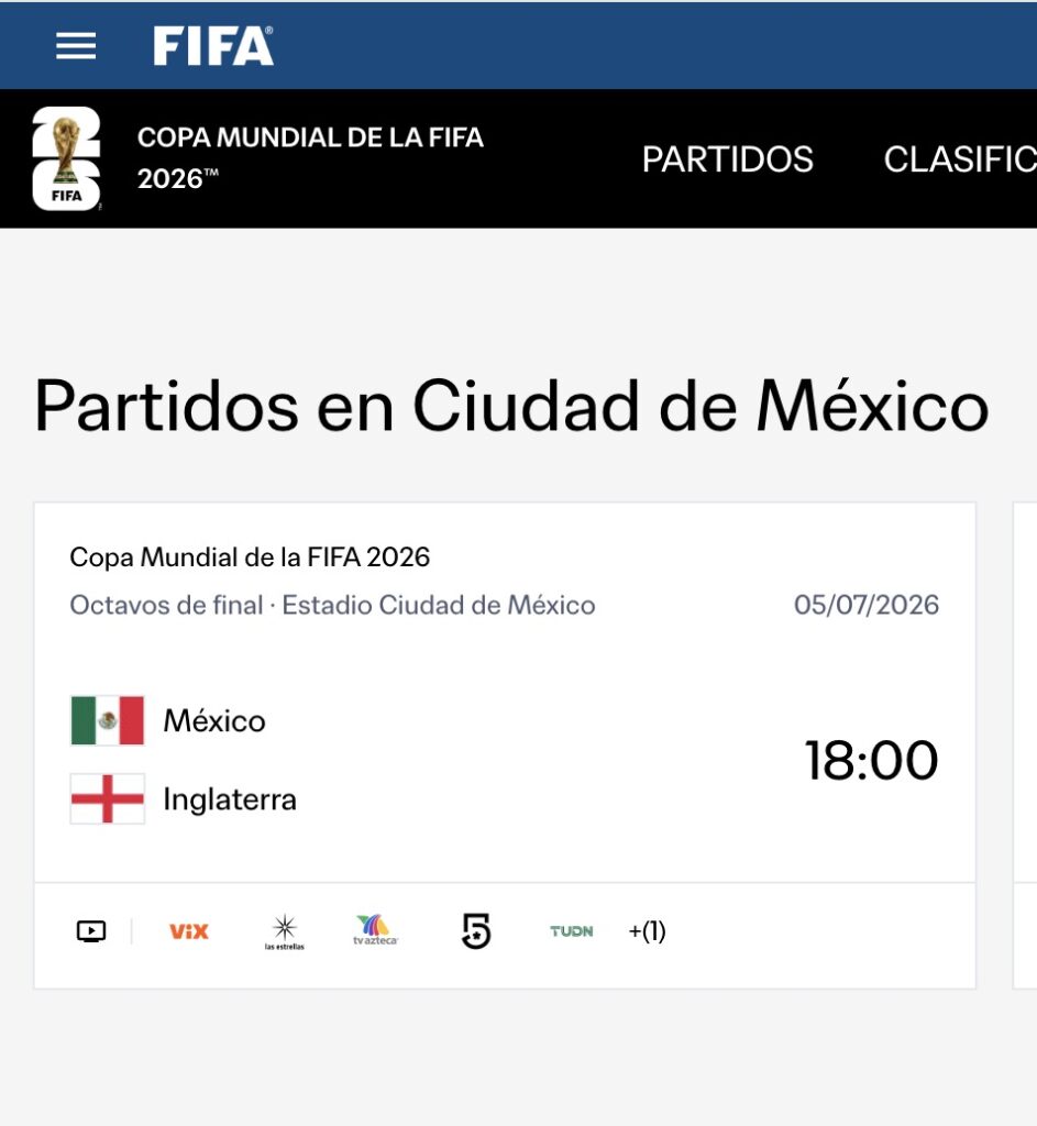 A las 13:00 horas de este viernes, así aparece el horario del México vs Inglaterra en la página oficial de la FIFA
