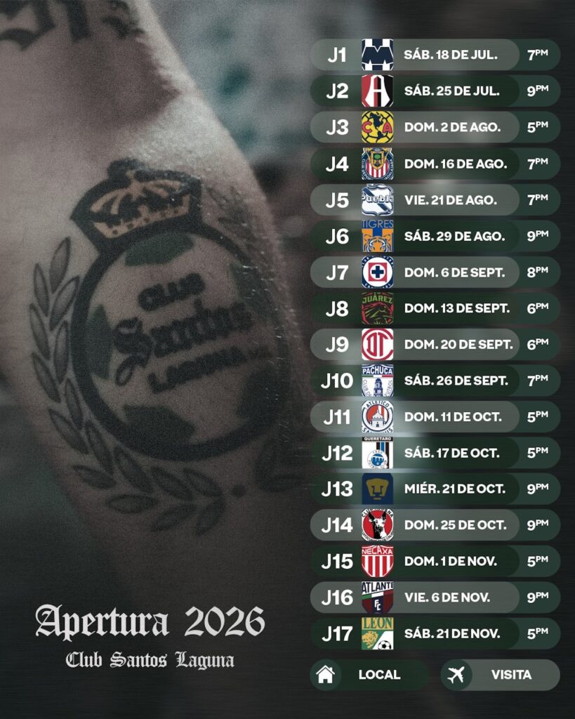 Así jugará Santos Laguna el Apertura 2026: Calendario completo