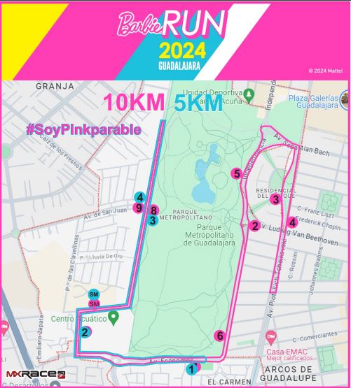 Mapa de Ruta de la carrera Barbie Run 2024 en Guadalajara