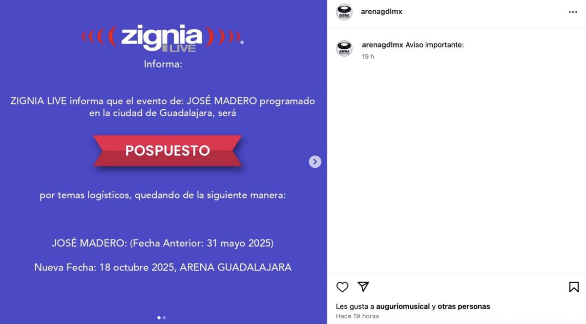 Posponen concierto de José Madero en la Arena Guadalajara. Foto: Instagram @arenagdlmx