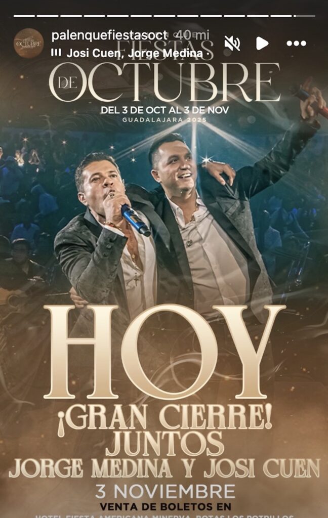 Hoy, lunes 3 de noviembre, se realizará el último concierto en el Palenque de las Fiestas de Octubre 2025 en Guadalajara