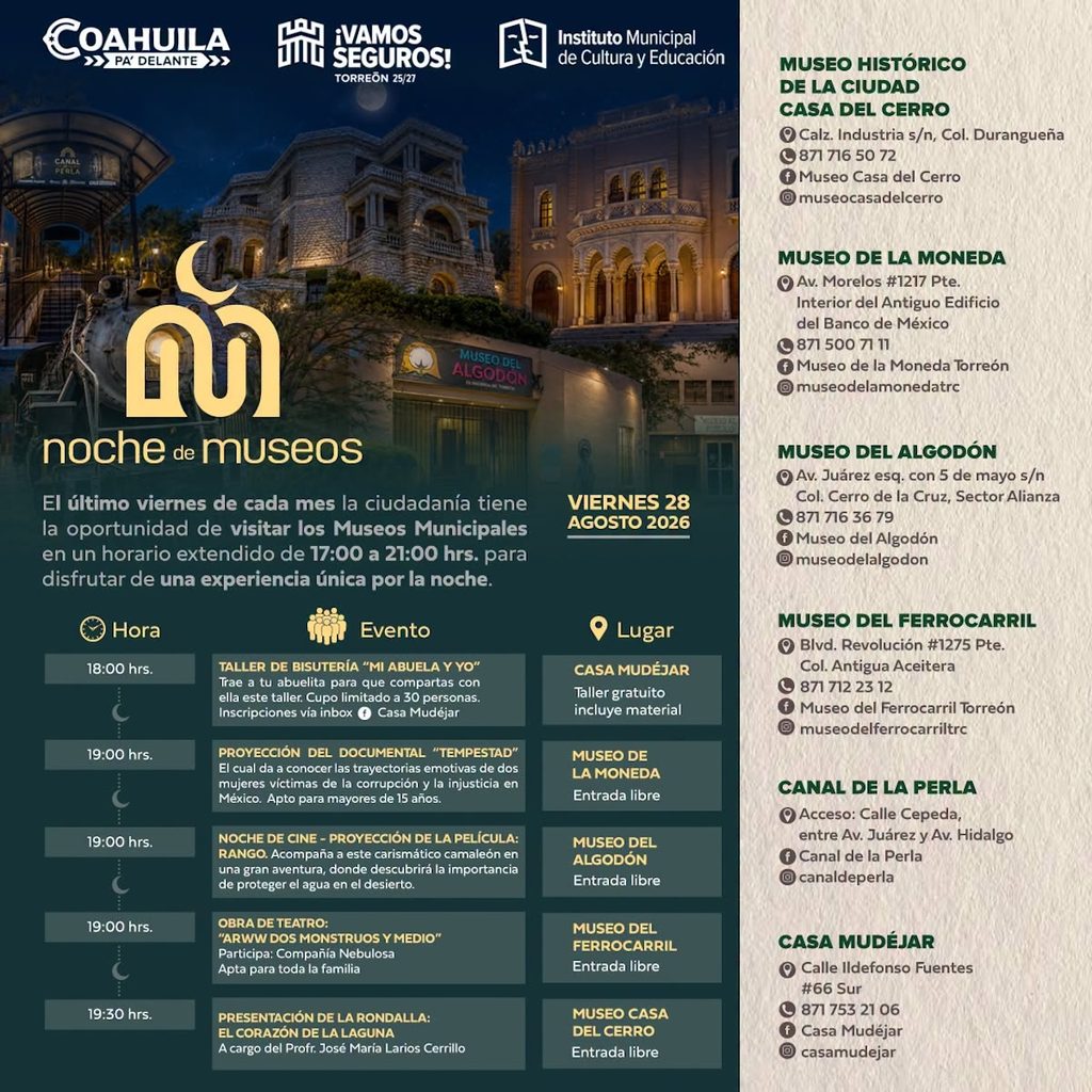 Noche de Museos Torreón agosto 2026: horarios y actividades del 28 de agosto