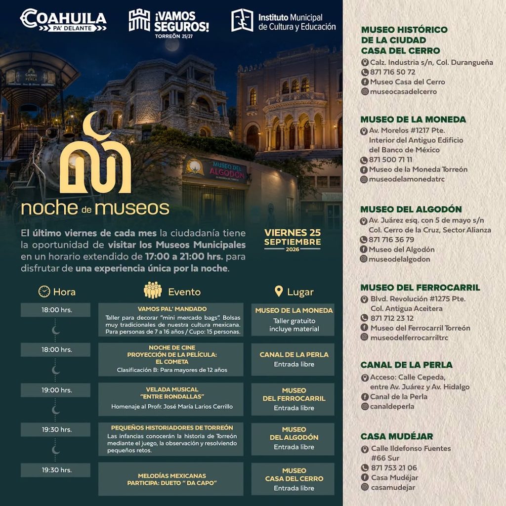 Noche de Museos en Torreón: programa completo de actividades del viernes 25 de septiembre