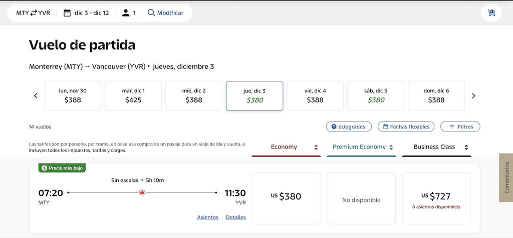 Air Canada volará sin escalas de Monterrey a Vancouver