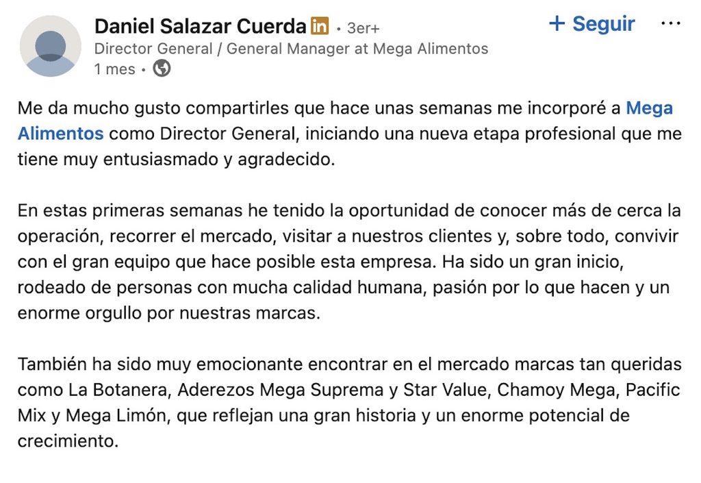 Daniel Salazar Cuerda, nuevo director general de Mega Alimentos