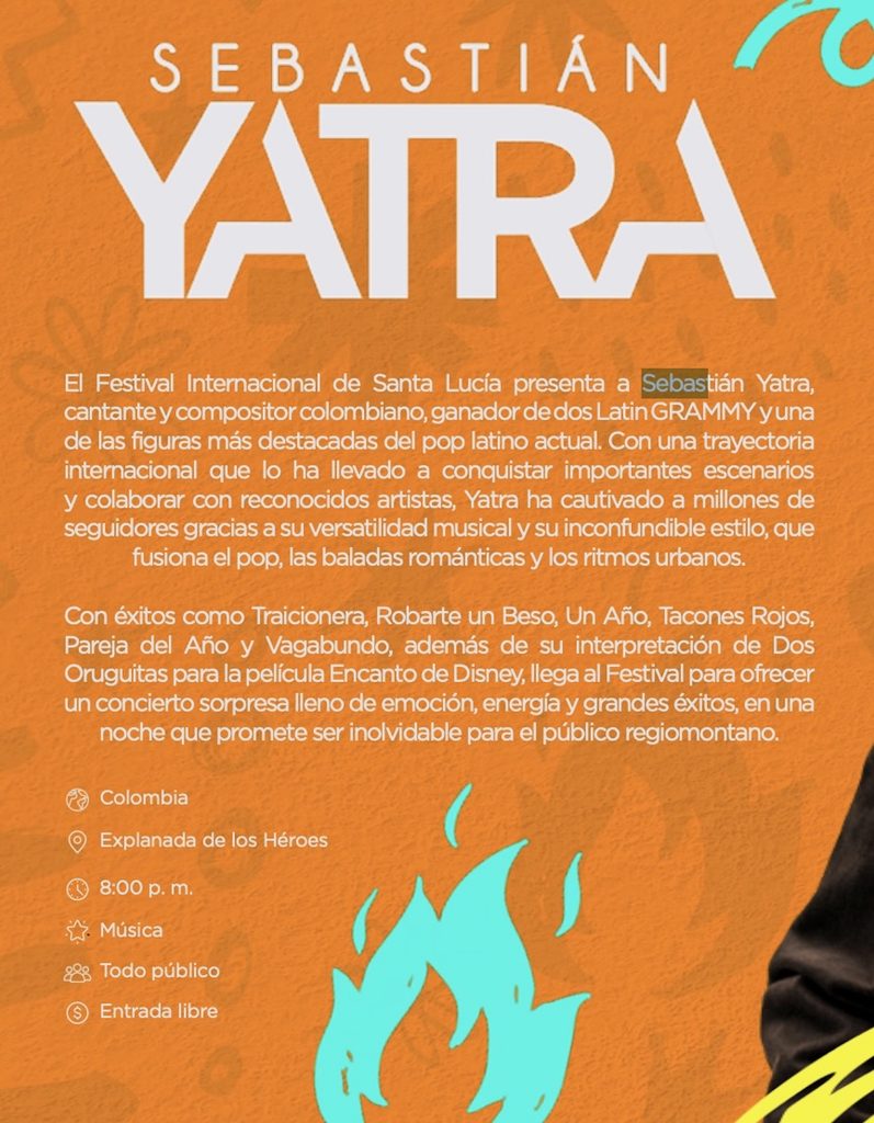 Sebastián Yatra en el Festival Santa Lucía 2026: Fecha y lugar